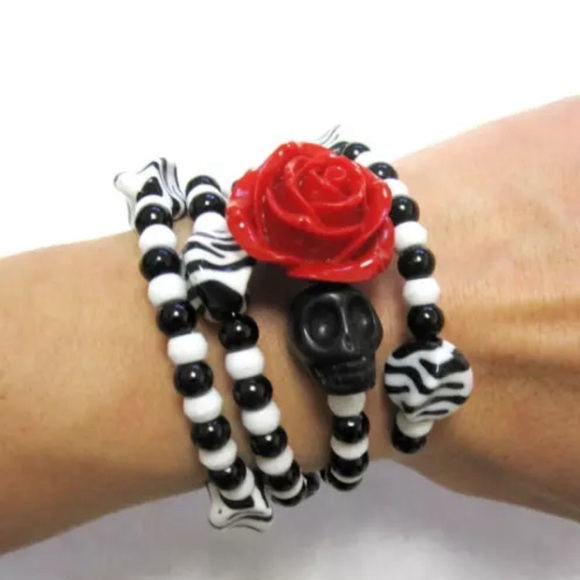 Zebra Bracelet Red Rose Skull Day Of The Dead Cuff Halloween Jewelry - Picture 2 of 3
